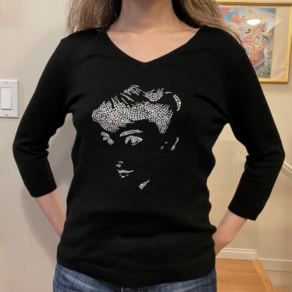 Vintage Audrey Hepburn Crystal V-Neck Sweater - S - Picture 3 of 9